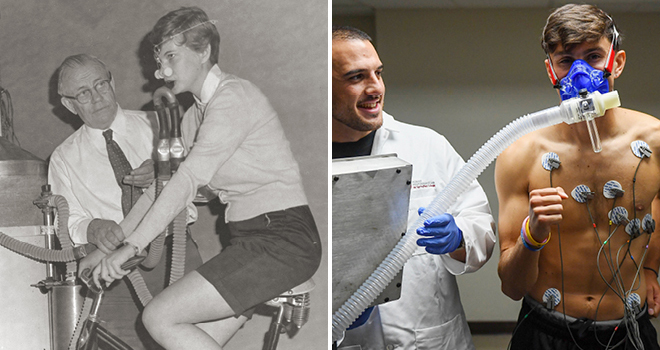 archival photo of Peter Karpovich doing testing on a female student on a bike next to a current photo of an exrcise physiology student doing testing on a male student running