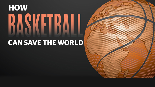 image of a basketball with a map of the world superimposed on it