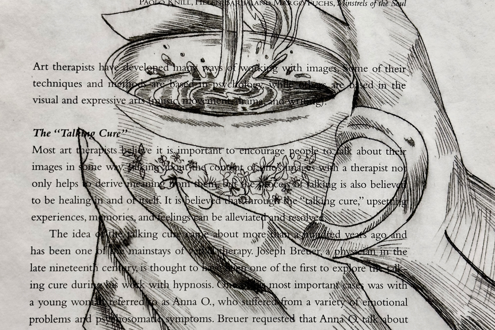 illustration of a hand holding a cup of tea drawn over the text from a book