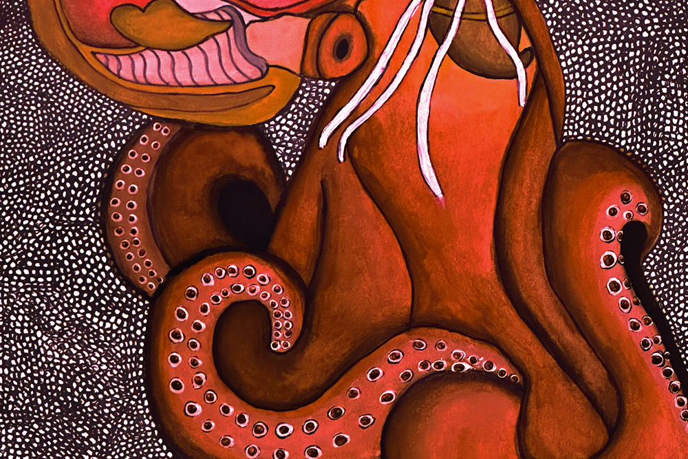 a portion of a stylized painting of an orange octopus