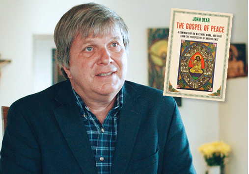 photo of Reverend John Dear and the cover of his book The Gospel of Peace