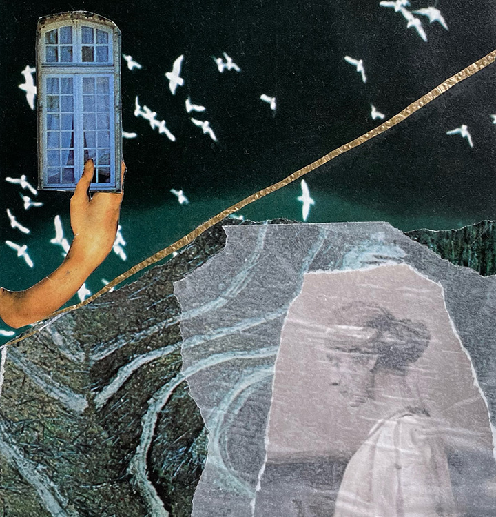 portion of a collage showing a hand holding an old style phone booth and a woman from the 1800s wearing a white dress against a dark background