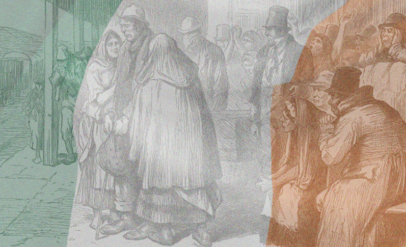 Antique illustration of Irish immigrants waiting at a train station with the colors of the Irish flag superimposed over it