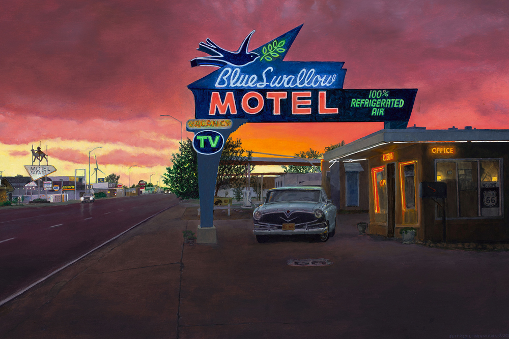 oil painting of an old fashioned neon hotel sign at sunset