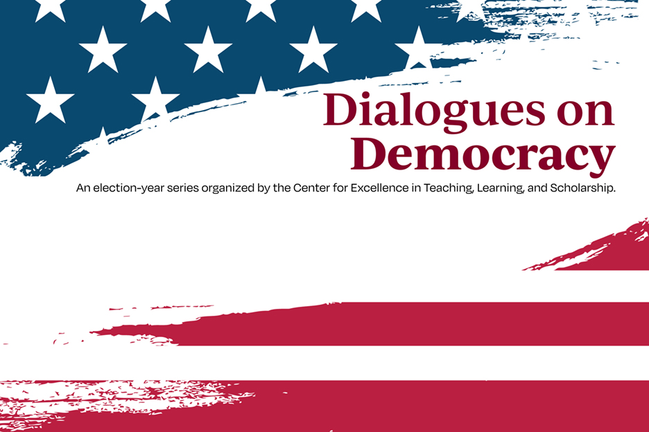 illustration of the stars and stripes of the American Flag with the words Dialogues in Democracy