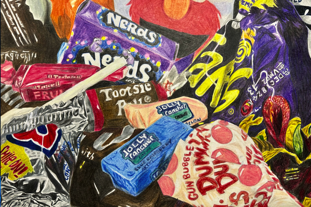 colorful painting of a large group of candies still in the wrappers
