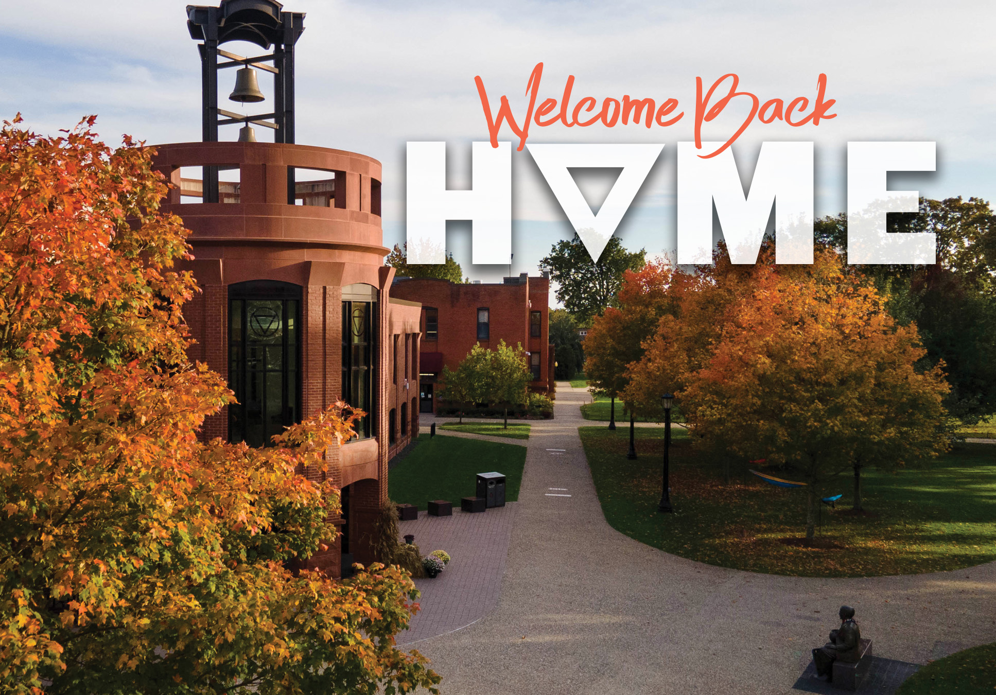photo of the Springfield College campus with the words Welcome Back Home