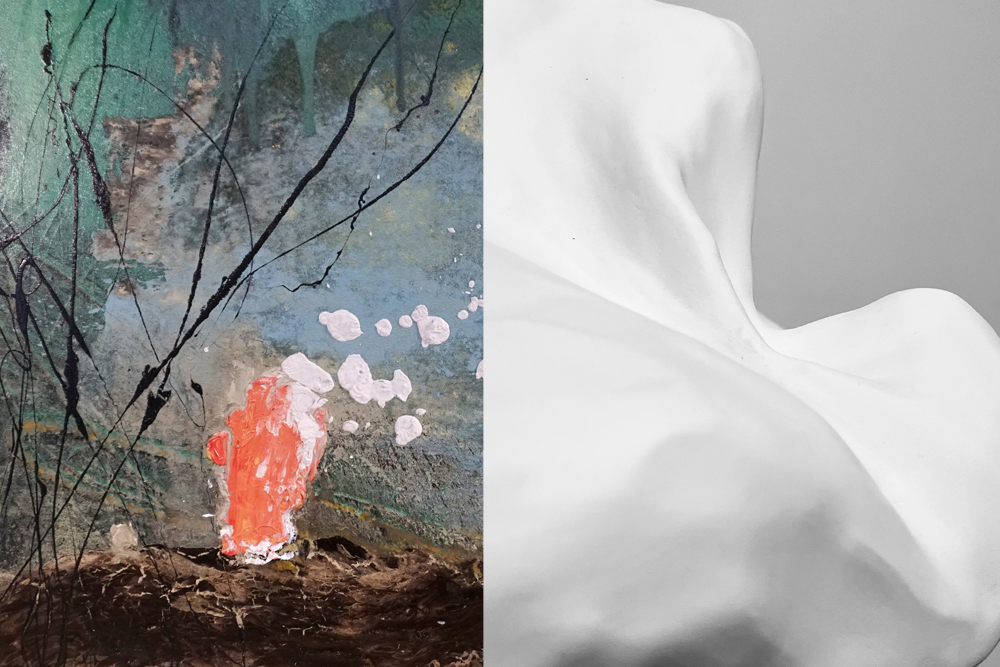 Collage of a painting by Adam Viens and a white sculpture by Valerie Lyons