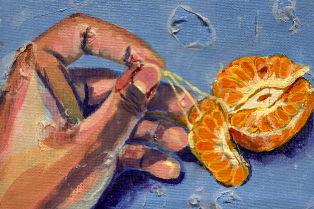 portion of an acrylic painting depicting a hand pulling apart a clementine