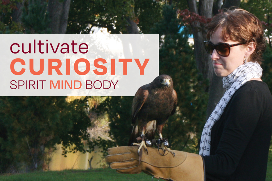 a photo of Professor Becky Lartigue with a falcon perched on her arm with the words Cultivate Curiosity Spirit Mind Body