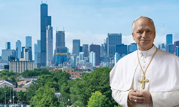 Photo of the Chciago skyline form the south side of town with Pope Leo superimposed on it