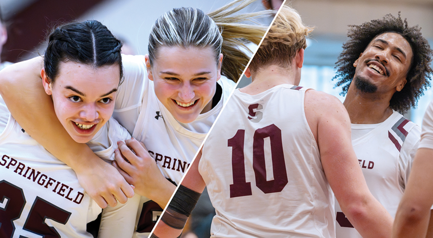 photos of members of the Springfield College women's and men's basketball teams supporting each other during games